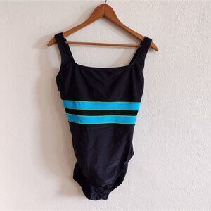 Vintage 90s Speedo One Piece Black Swimsuit Mesh Stripe Built In Bra Size 10